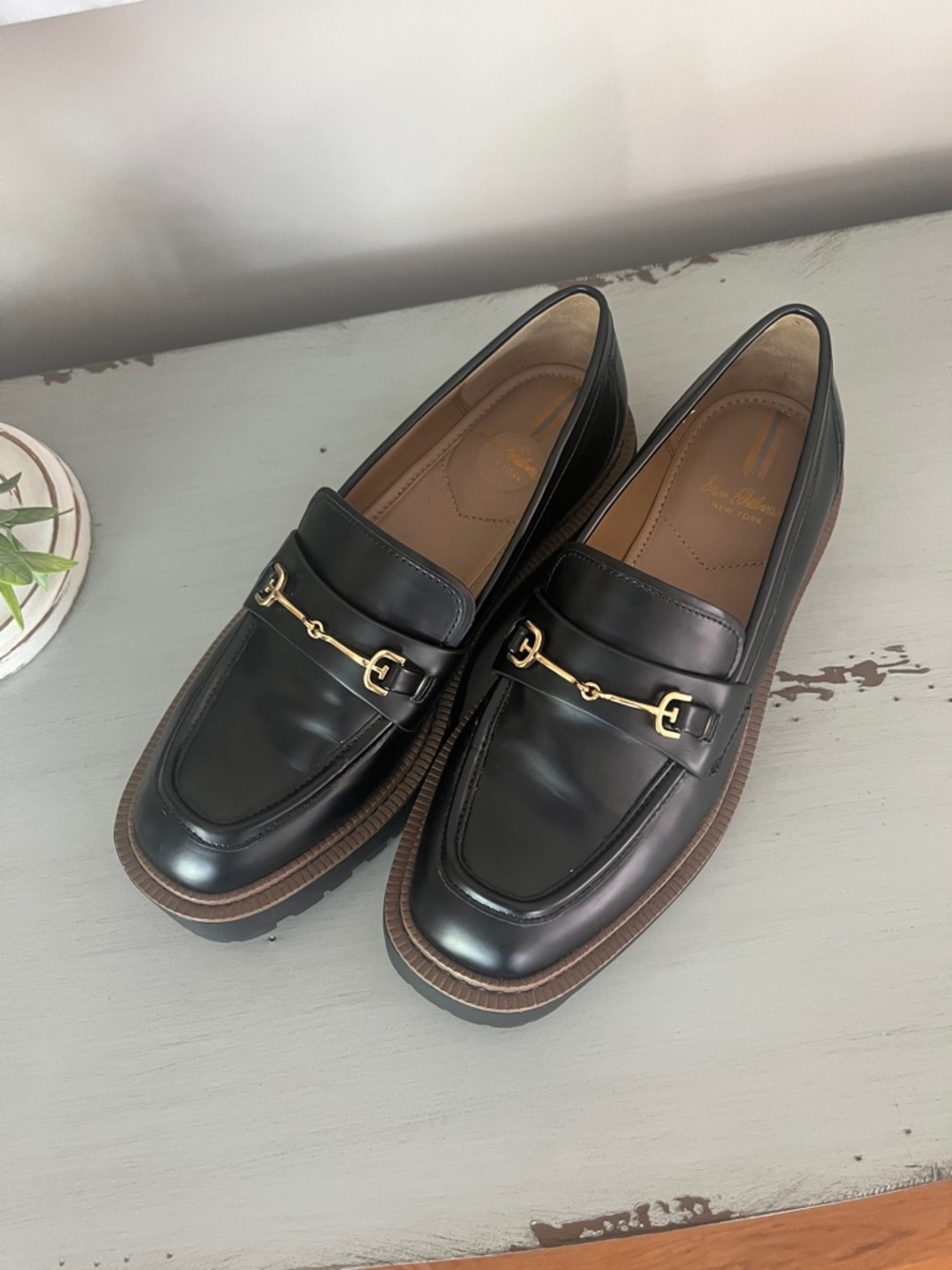 Sam Elderman Black Leather Loafers with Gold Bit and Lug Sole